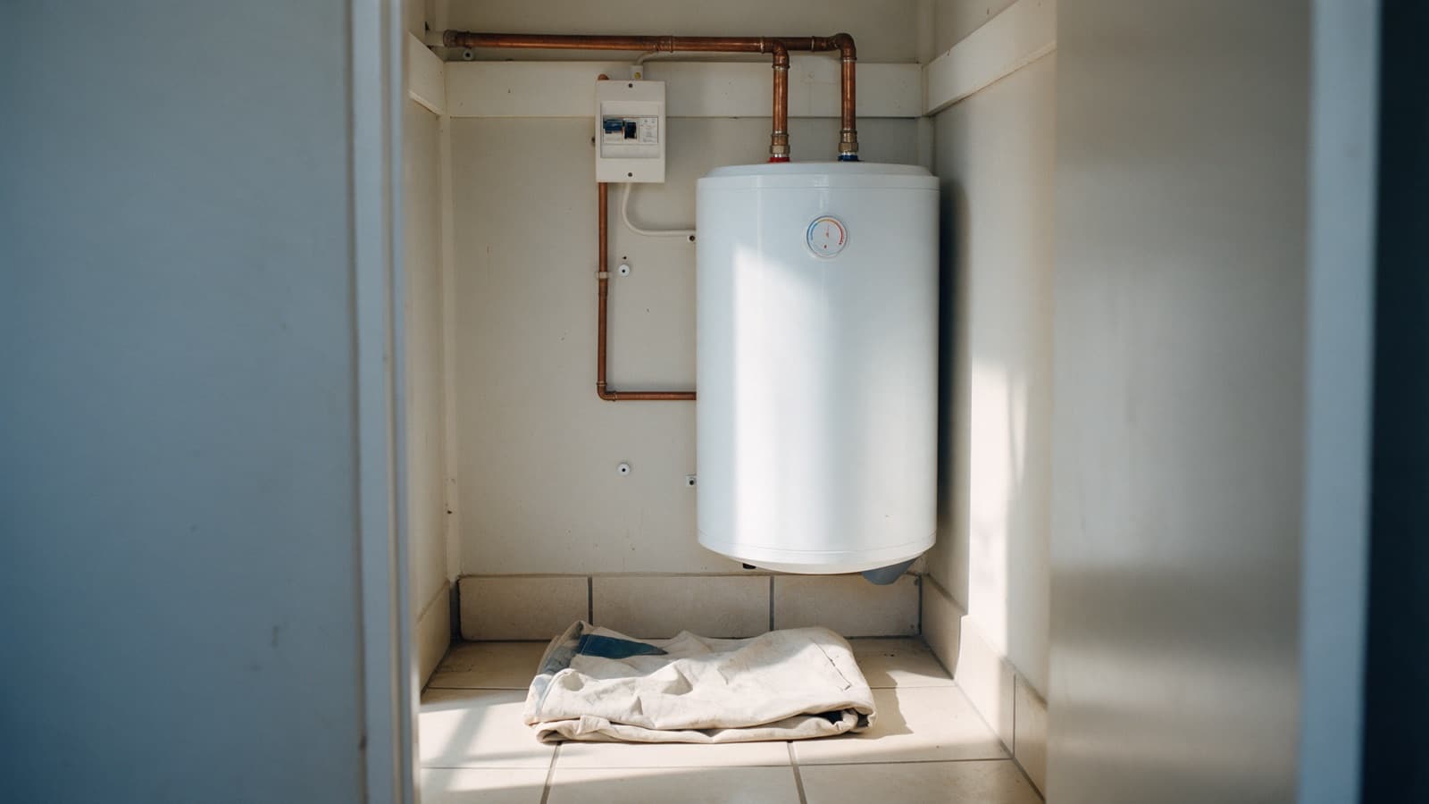 A newly installed geyser in a clean, dry cupboard in morning light